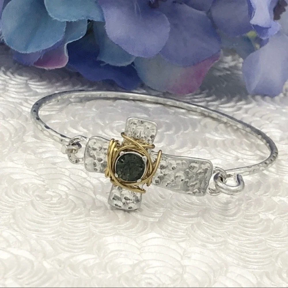 🌼 2-Tone Rhinestone Hook Silver Gold Bangle Bracelet